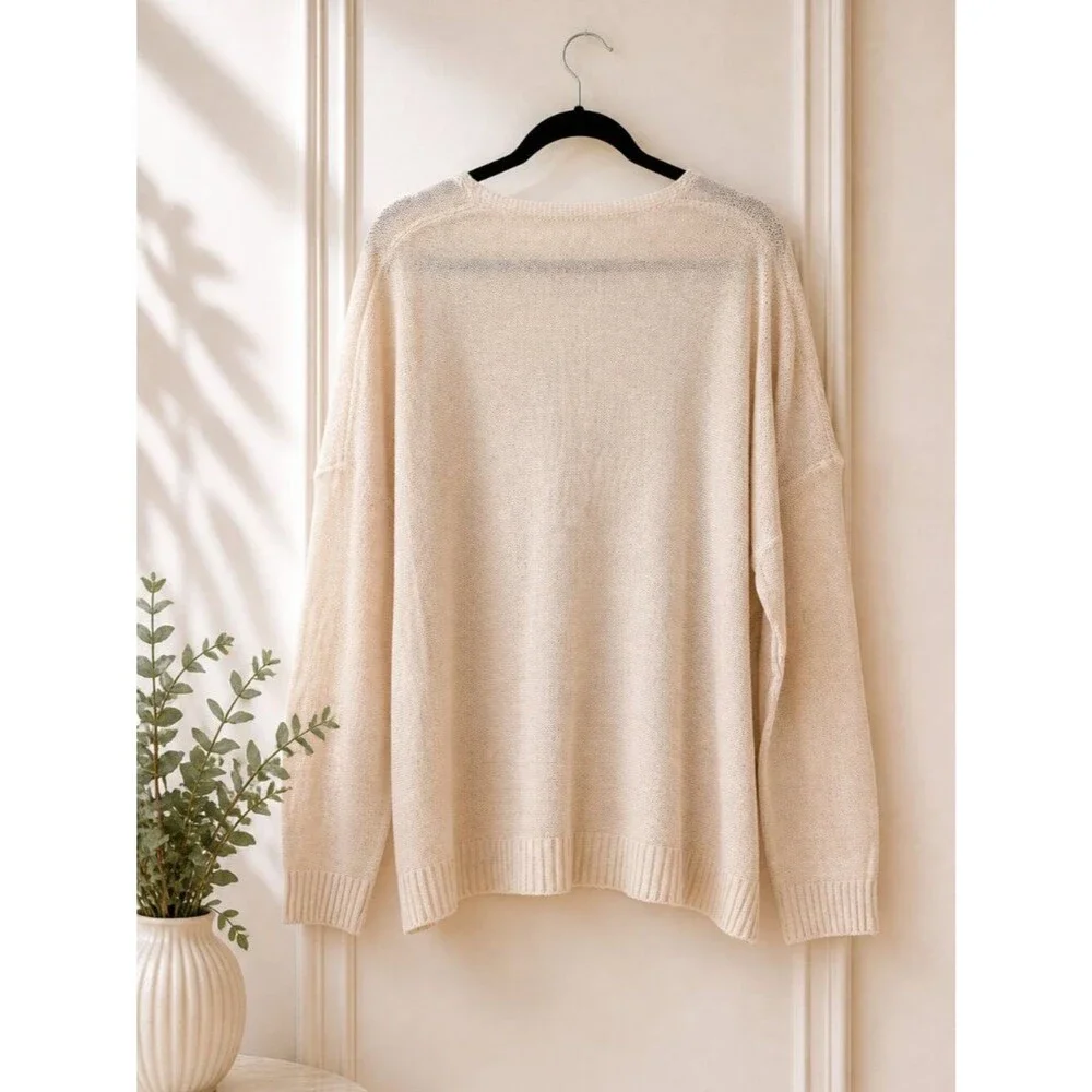 Cupshe Cream Knit Sweater NWT Size XL Lightweight V-Neck Relaxed Fit Neutral